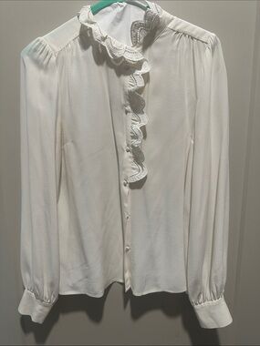 Sezane Elegant Cream Ruffle-Collar silk Blouse